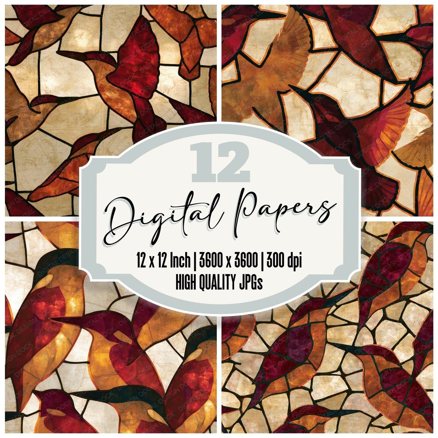 Stained Glass Kingfisher Cinnamon Burgundy Digital Paper Pack (DDD014136)
