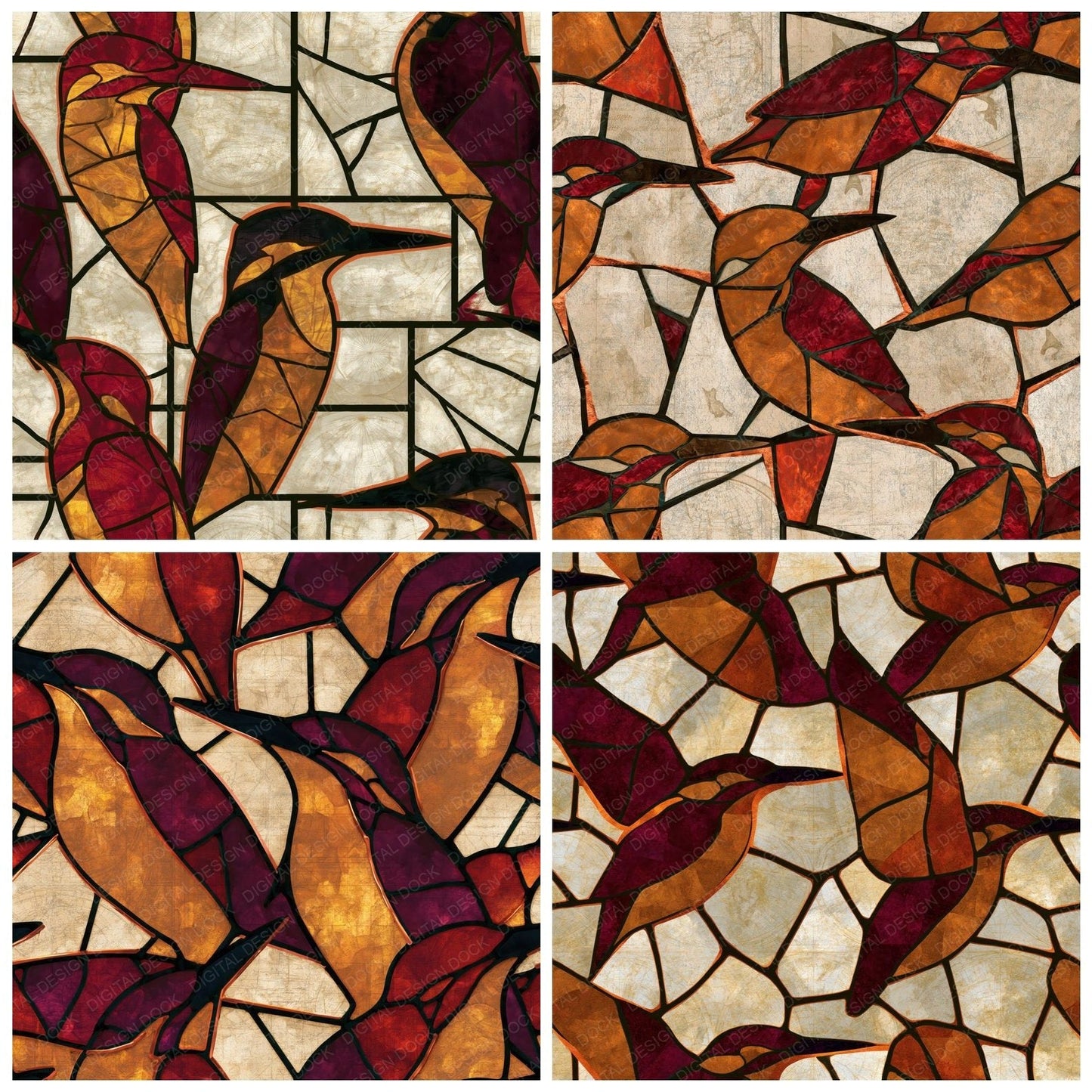 Stained Glass Kingfisher Cinnamon Burgundy Digital Paper Pack (DDD014136)