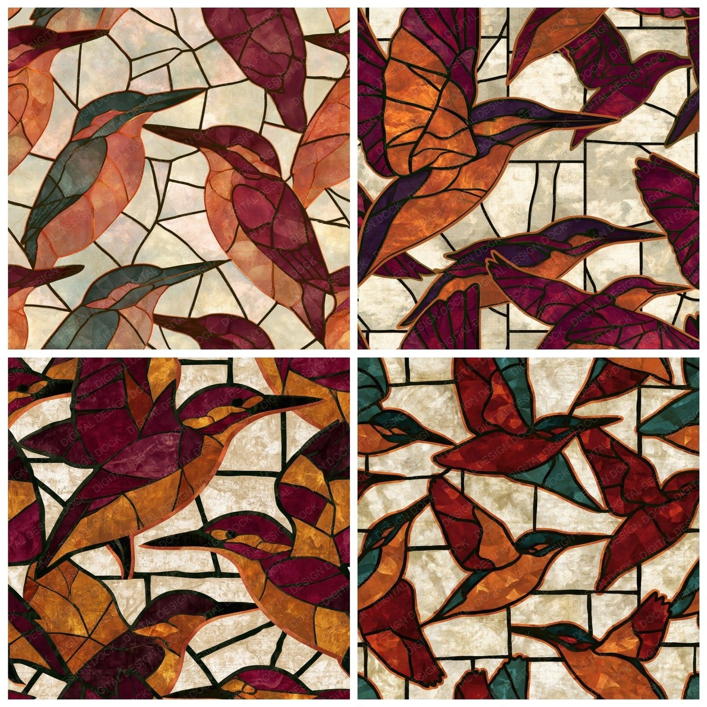 Stained Glass Kingfisher Cinnamon Burgundy Digital Paper Pack (DDD014136)