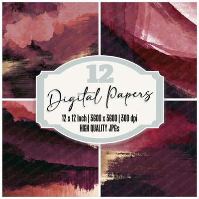 Sumi-e Dusty Rose Oxblood Aubergine Abstract Digital Paper Pack (DDD014137)