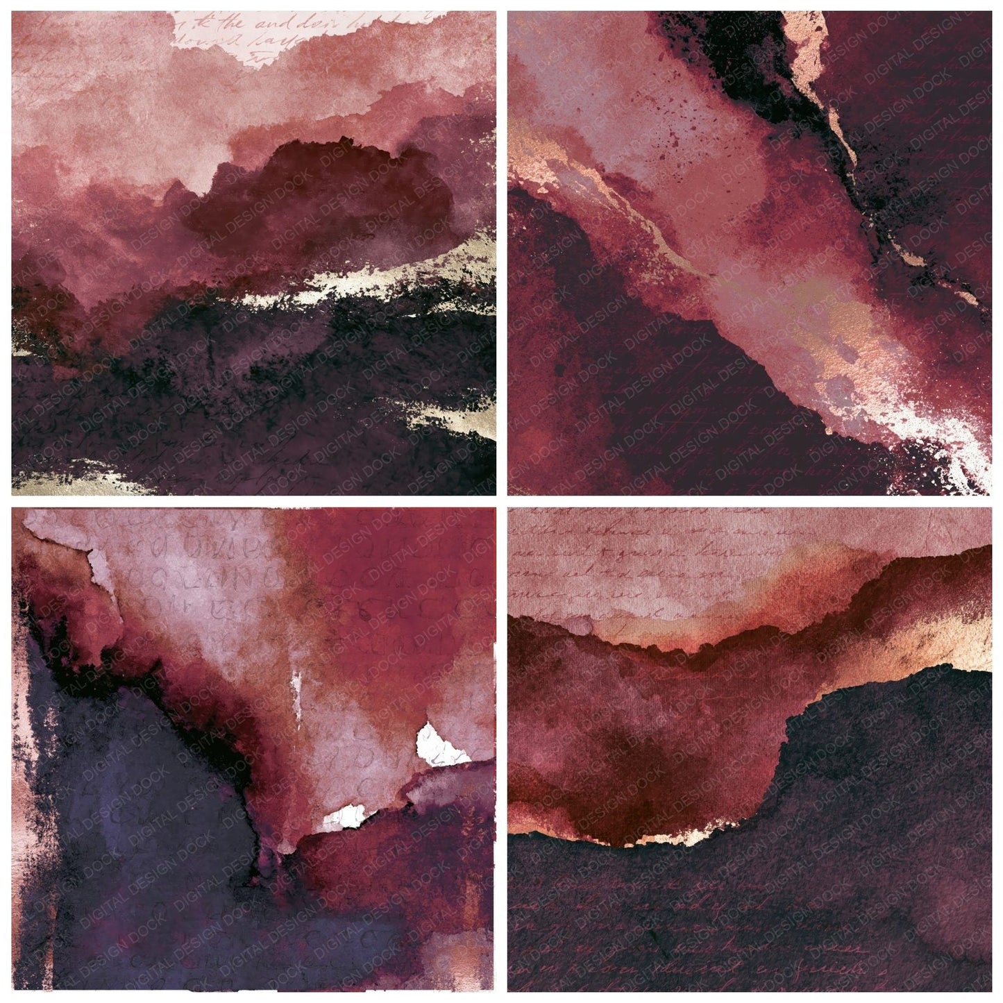 Sumi-e Dusty Rose Oxblood Aubergine Abstract Digital Paper Pack (DDD014137)