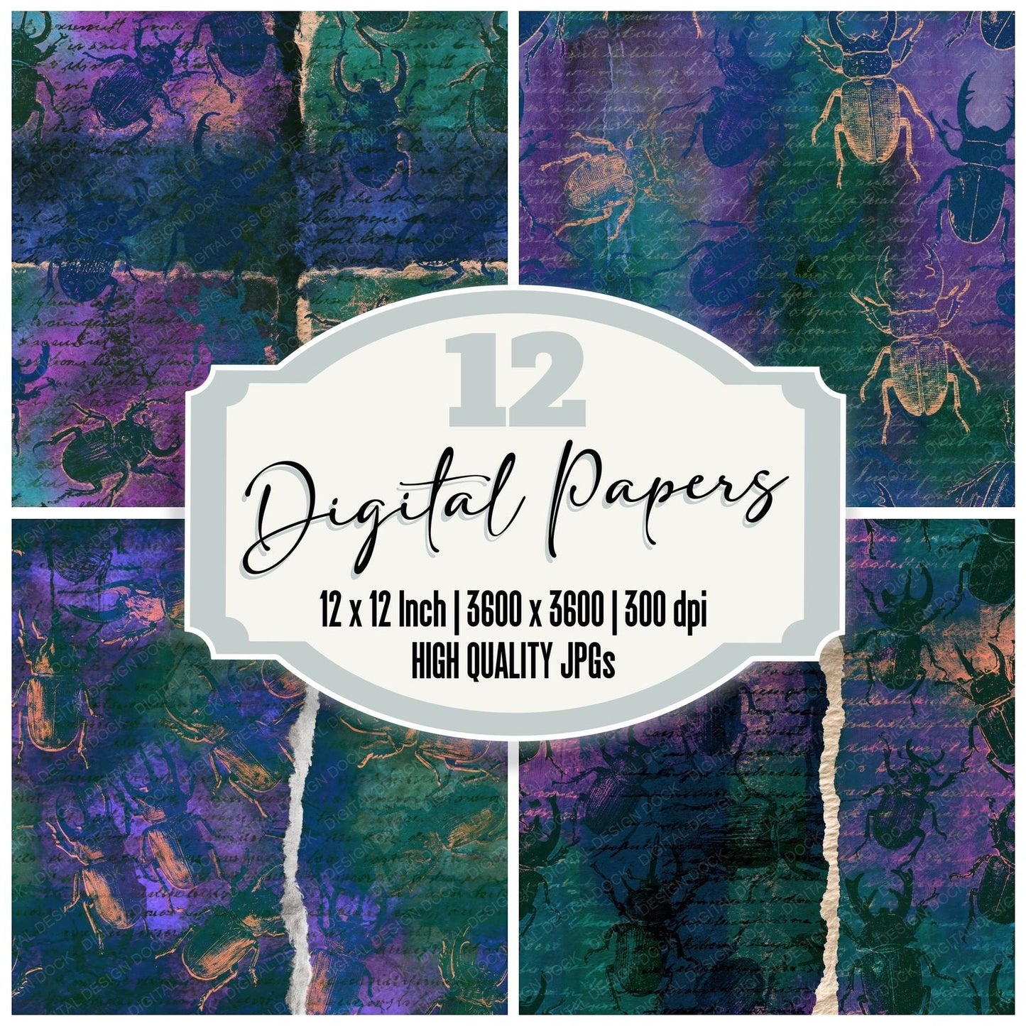 Torn Paper Stag Beetles Aurora Lilac Seamless Digital Paper Pack (DDD014138)