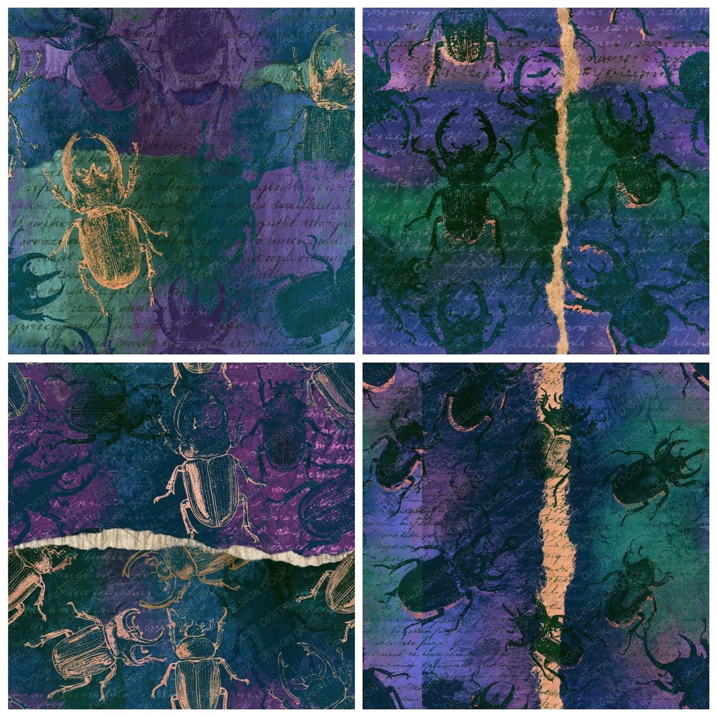 Torn Paper Stag Beetles Aurora Lilac Seamless Digital Paper Pack (DDD014138)