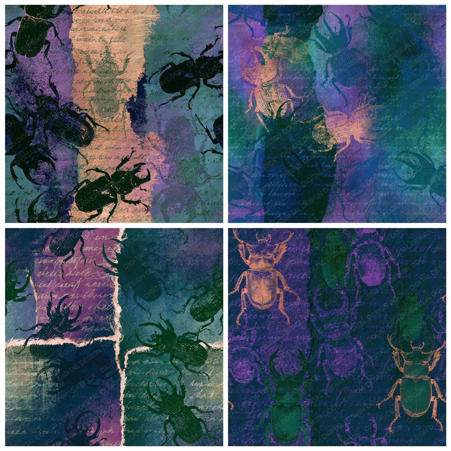 Torn Paper Stag Beetles Aurora Lilac Seamless Digital Paper Pack (DDD014138)