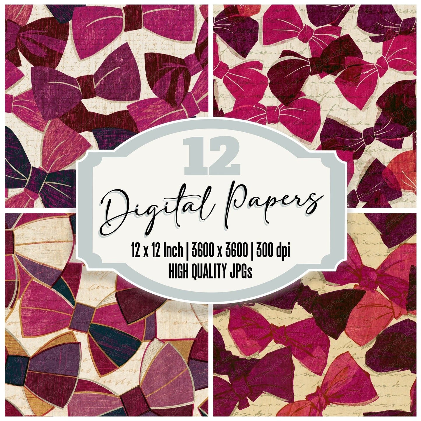 Ukiyo-e Bow Ties Magenta Burgundy Digital Paper Pack (DDD014139)