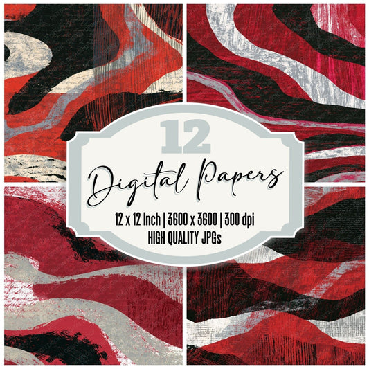 Woodcut Crimson White Abstract Digital Paper Pack (DDD014140)