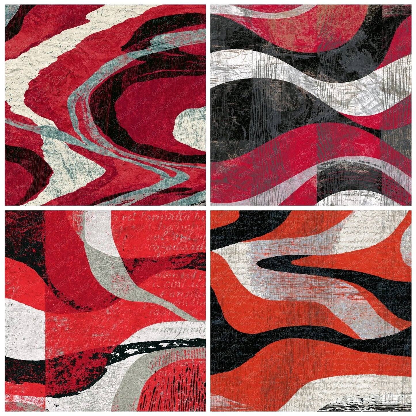 Woodcut Crimson White Abstract Digital Paper Pack (DDD014140)