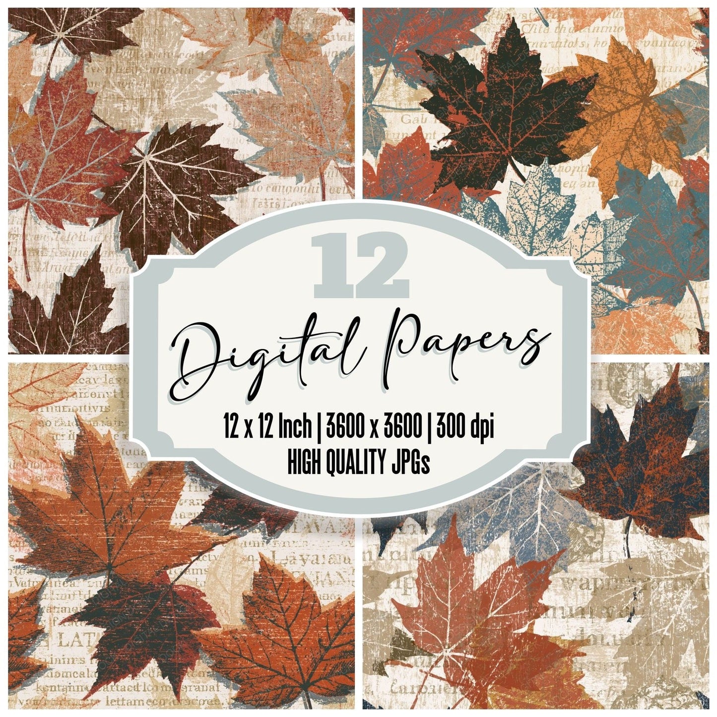 Woodcut Maple Leaves Earth Rust Digital Paper Pack (DDD014141)