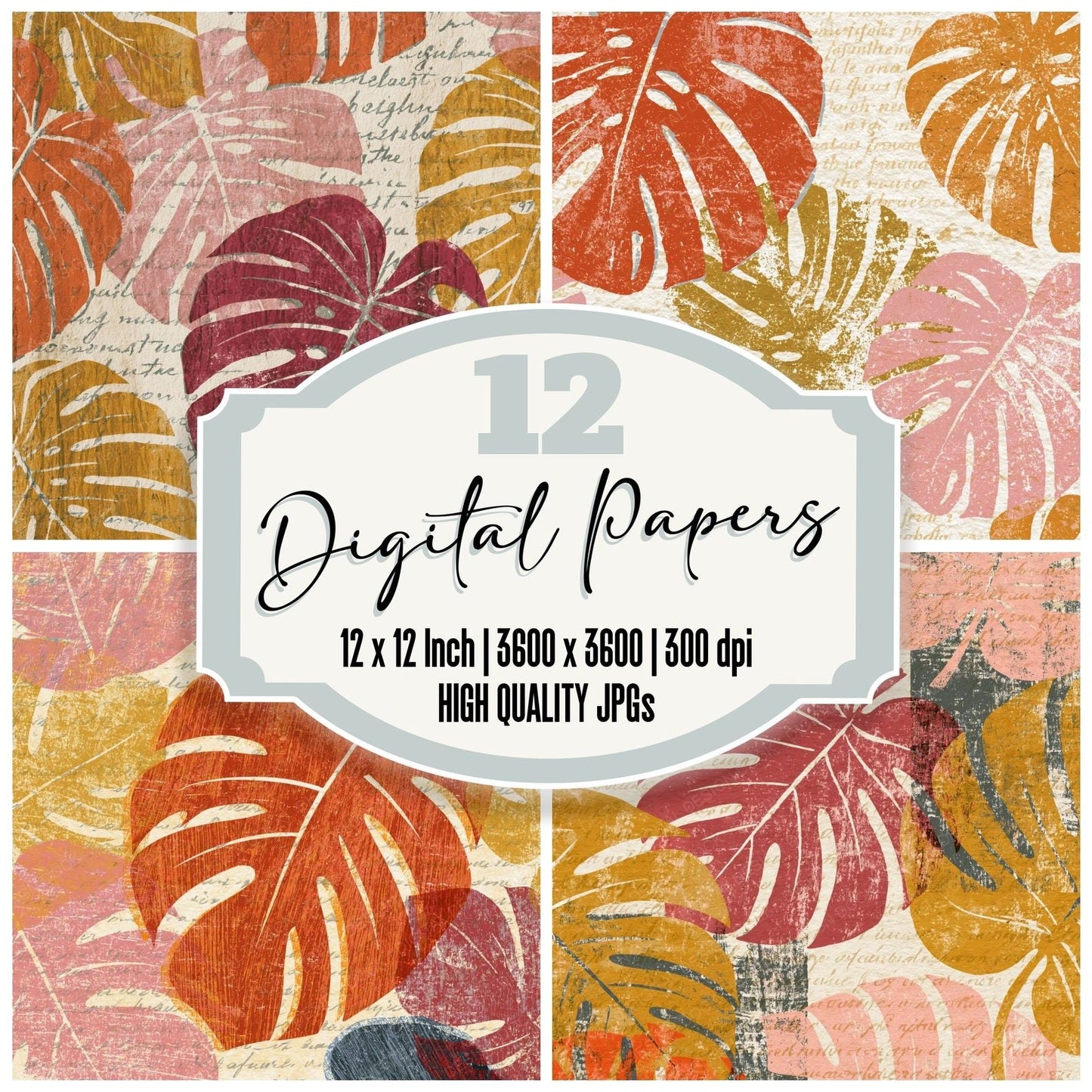 Woodcut Monstera Coral Gold Parchment Digital Paper Pack (DDD014142)