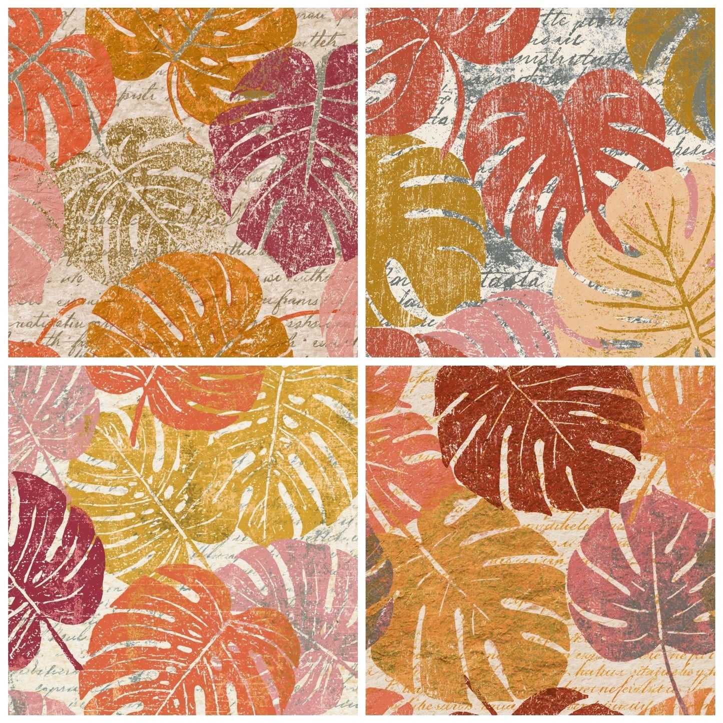 Woodcut Monstera Coral Gold Parchment Digital Paper Pack (DDD014142)