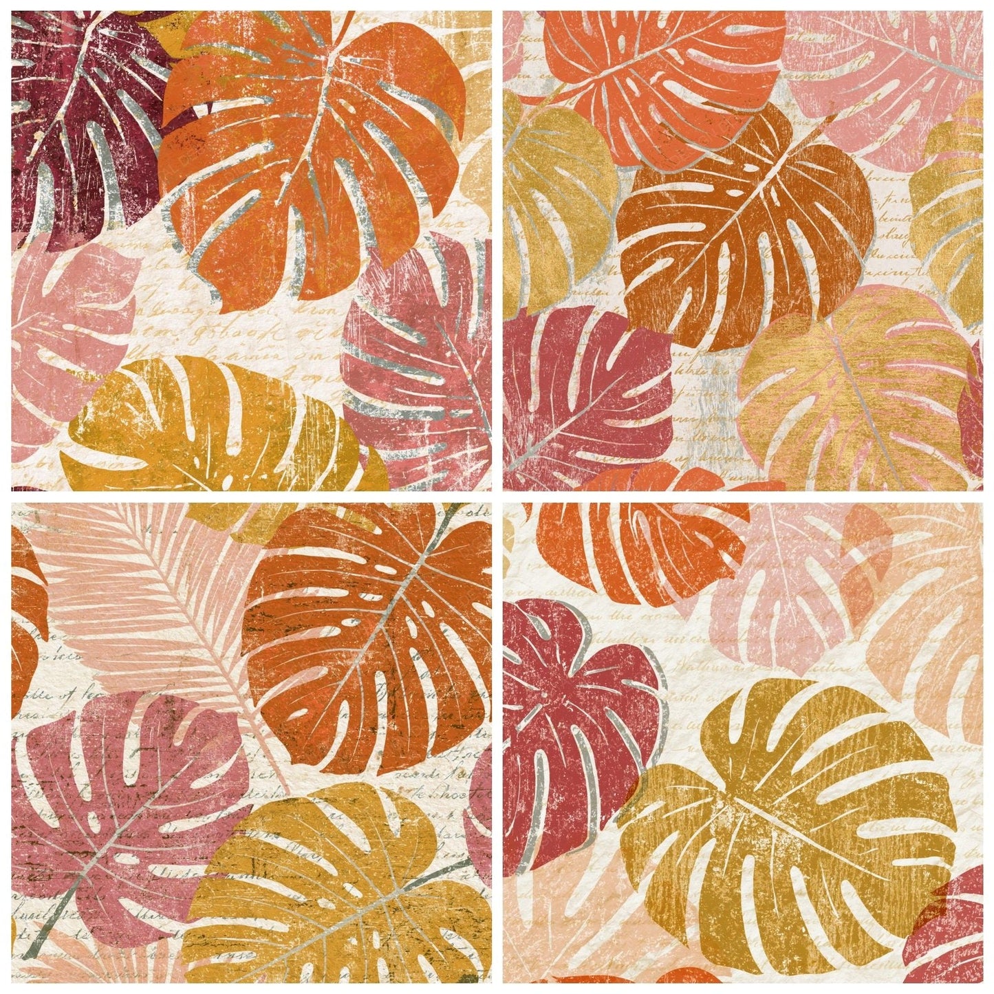 Woodcut Monstera Coral Gold Parchment Digital Paper Pack (DDD014142)