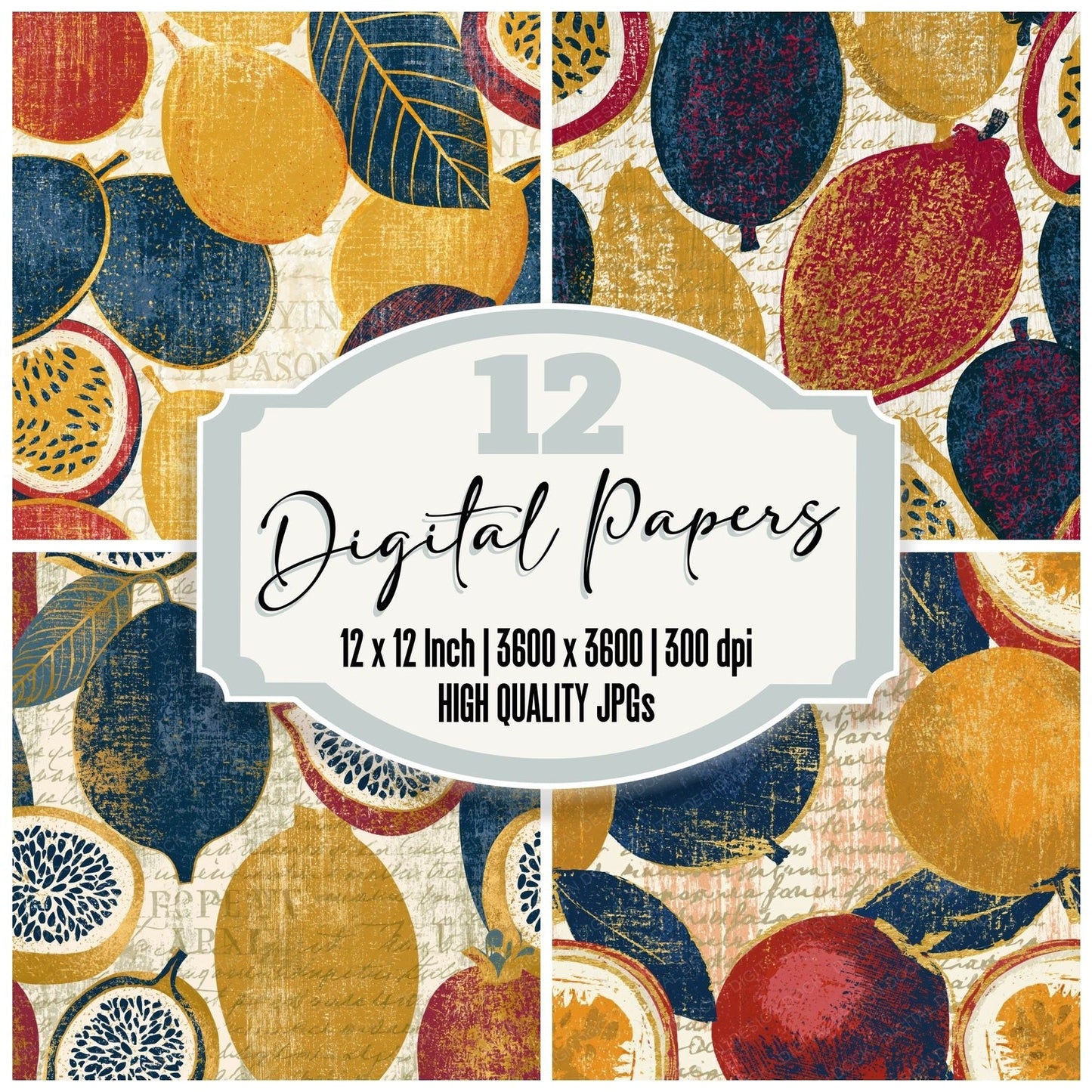 Woodcut Passion Fruit Mustard Navy Digital Paper Pack (DDD014143)