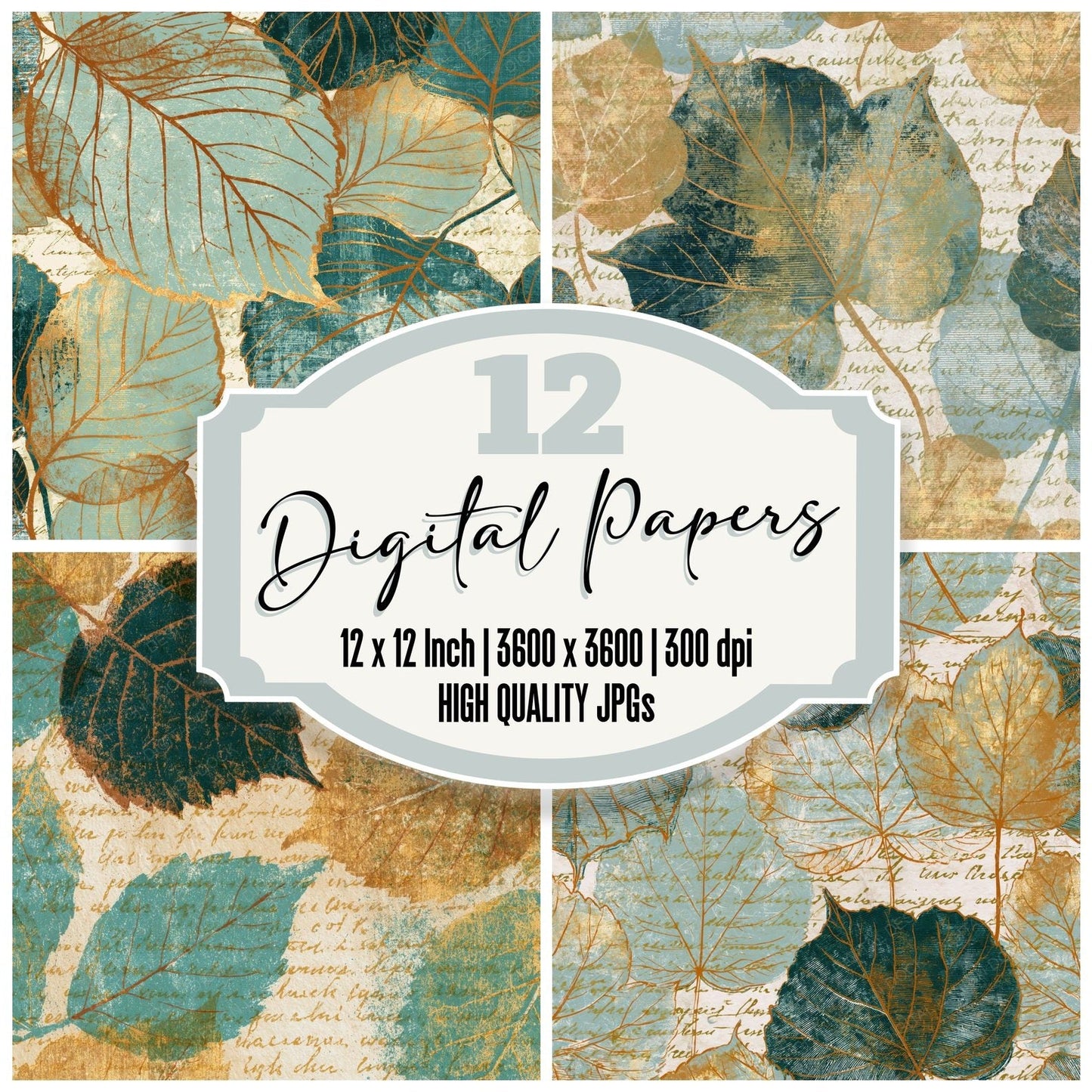 Etching Autumn Leaves Mint Gold Digital Paper Pack (DDD014145)