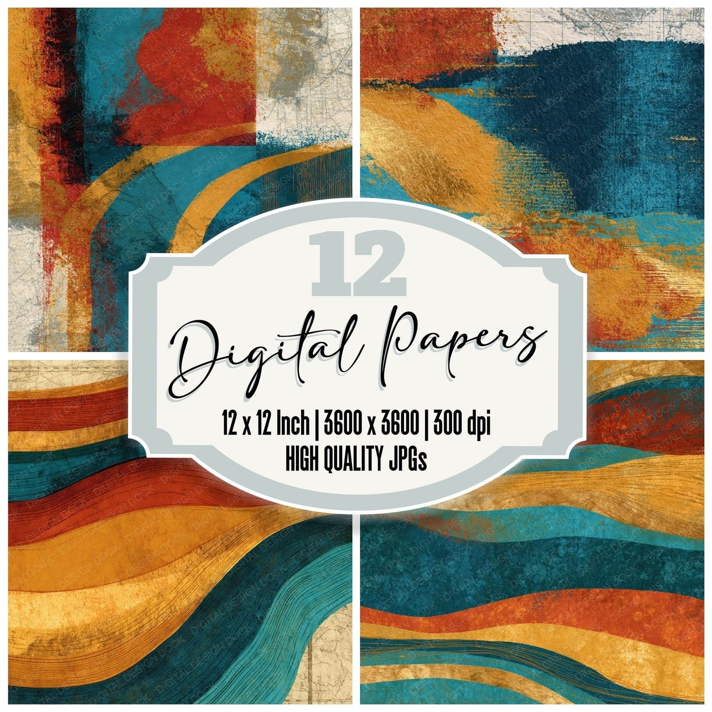 Etching Rust Mustard Turquoise Tonal Digital Paper Pack (DDD014149)