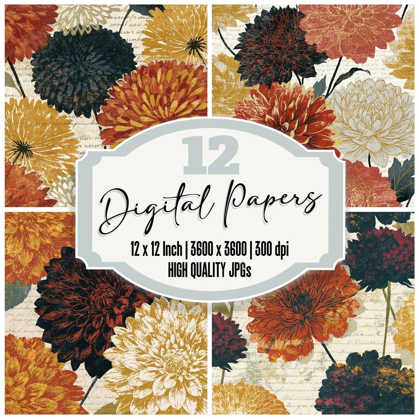 Etching Scattered Dahlias Terracotta Mustard Digital Paper Pack (DDD014150)