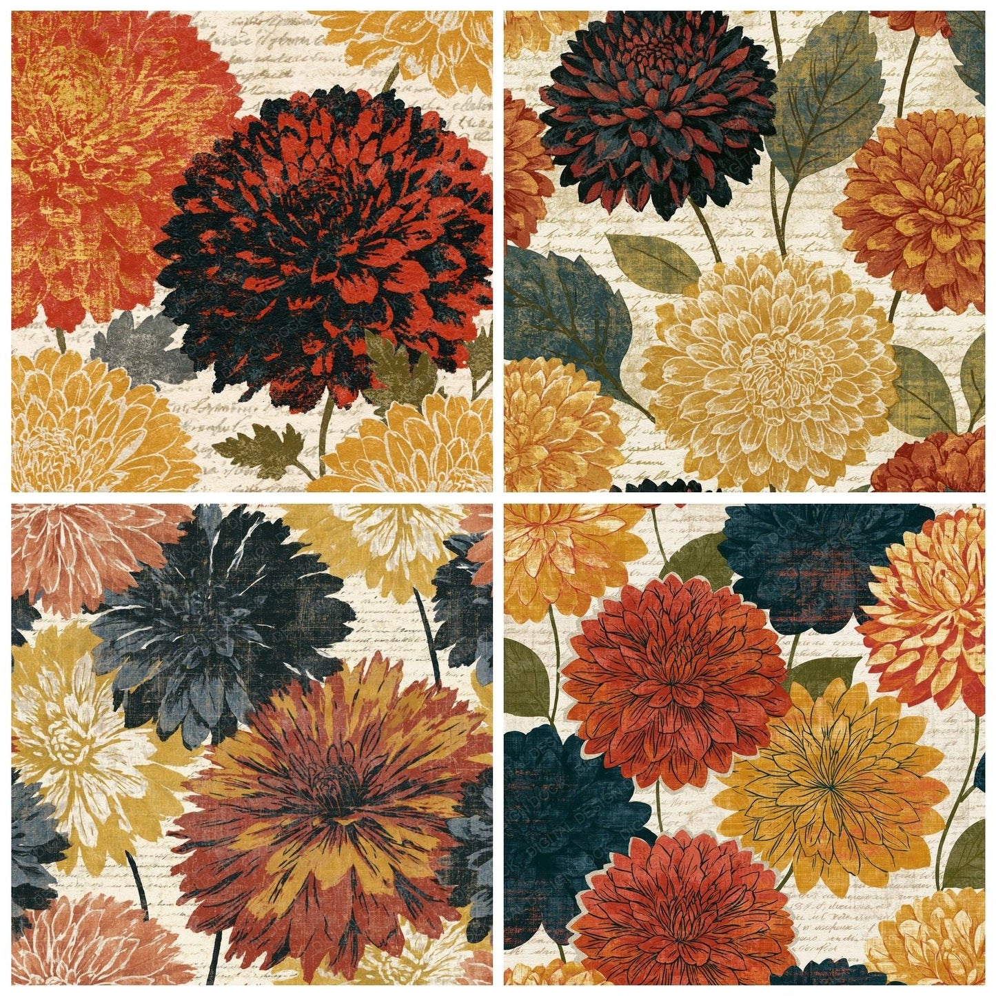 Etching Scattered Dahlias Terracotta Mustard Digital Paper Pack (DDD014150)