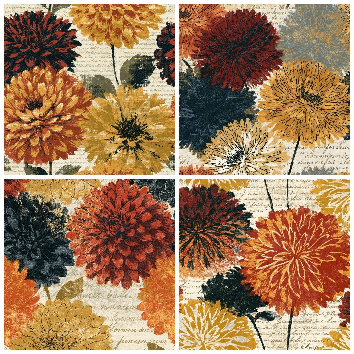 Etching Scattered Dahlias Terracotta Mustard Digital Paper Pack (DDD014150)