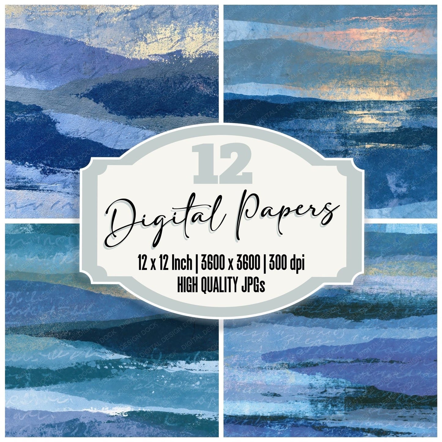 Monoprint Icy Blue Slate Indigo Abstract Digital Paper Pack (DDD014153)