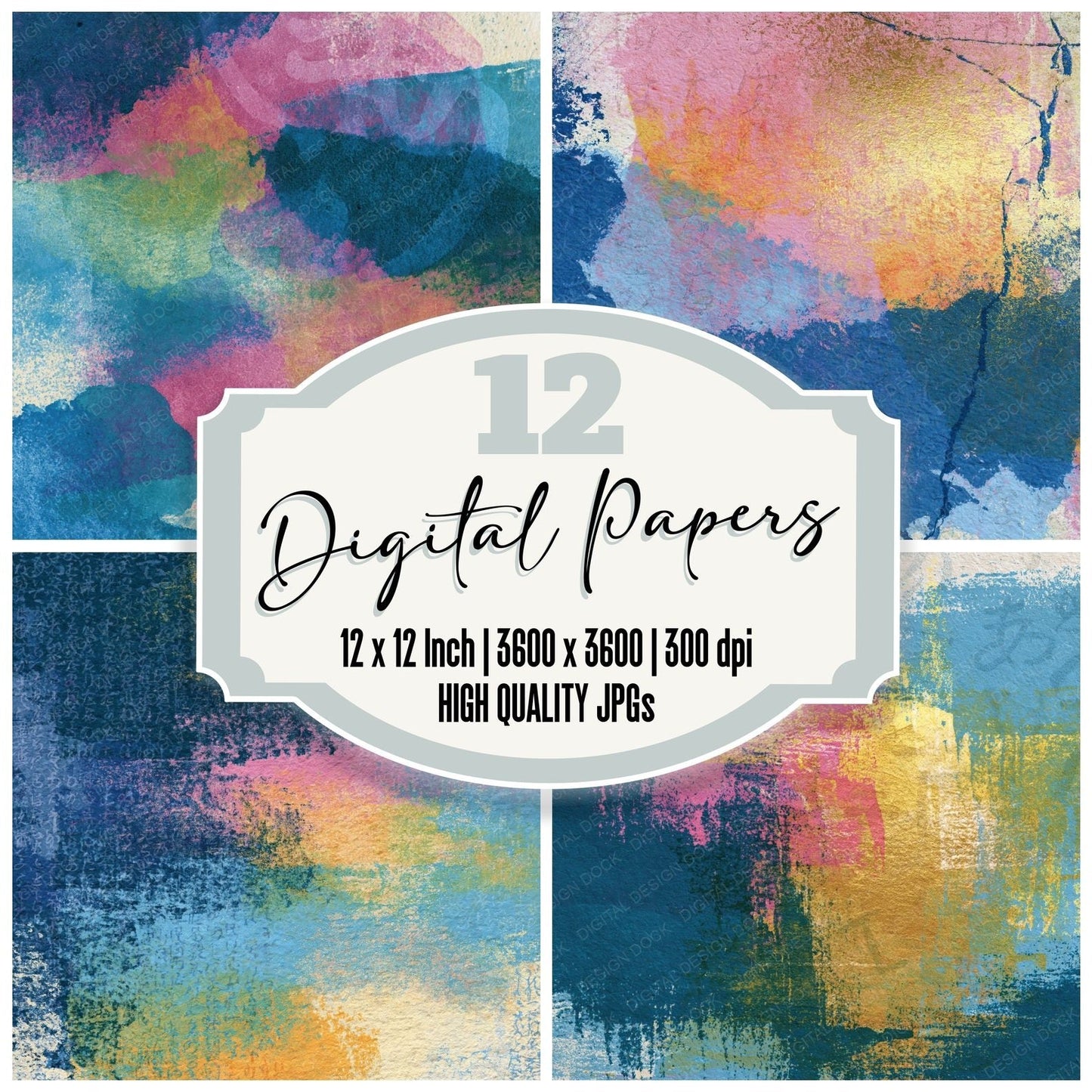 Monoprint Pink Blue Lemon Abstract Digital Paper Pack (DDD014154)