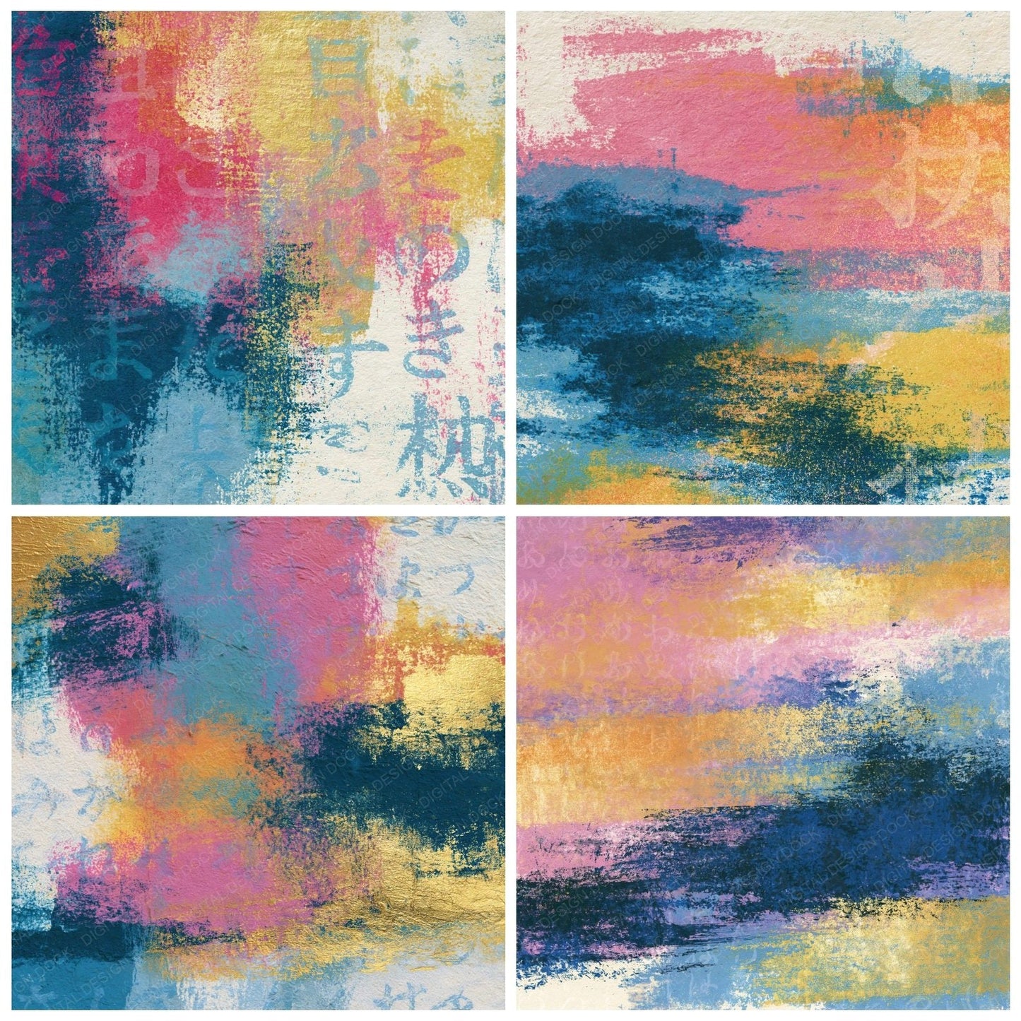 Monoprint Pink Blue Lemon Abstract Digital Paper Pack (DDD014154)