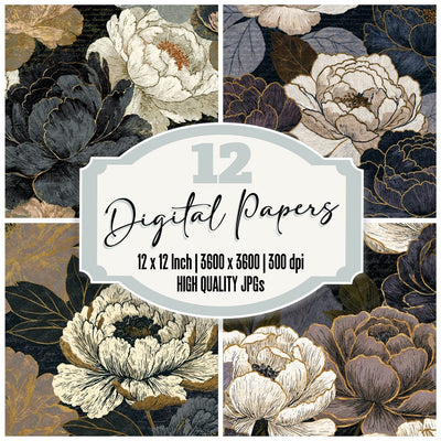 Scratchboard Peony Mushroom Ivory Digital Paper Pack (DDD014155)