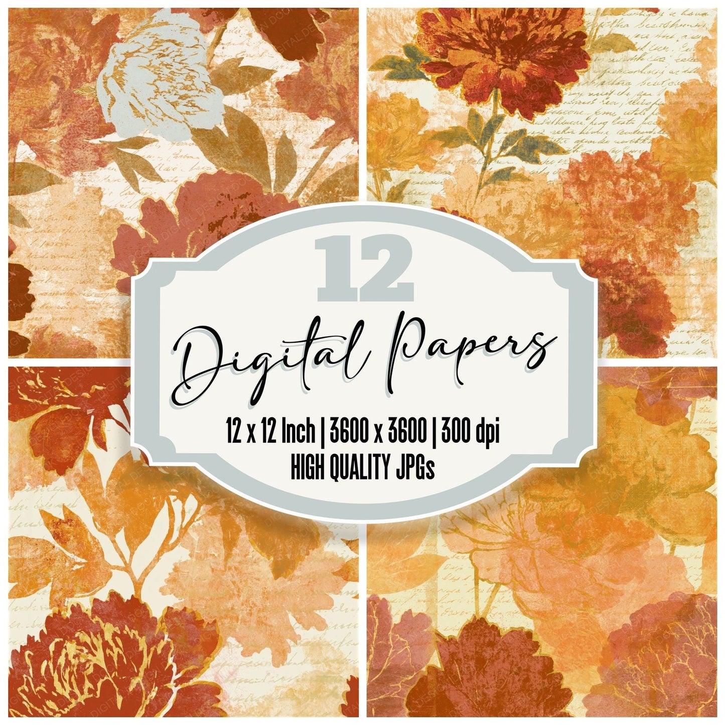 Screenprint Peonies Rust Ochre Seamless Digital Paper Pack (DDD014158)
