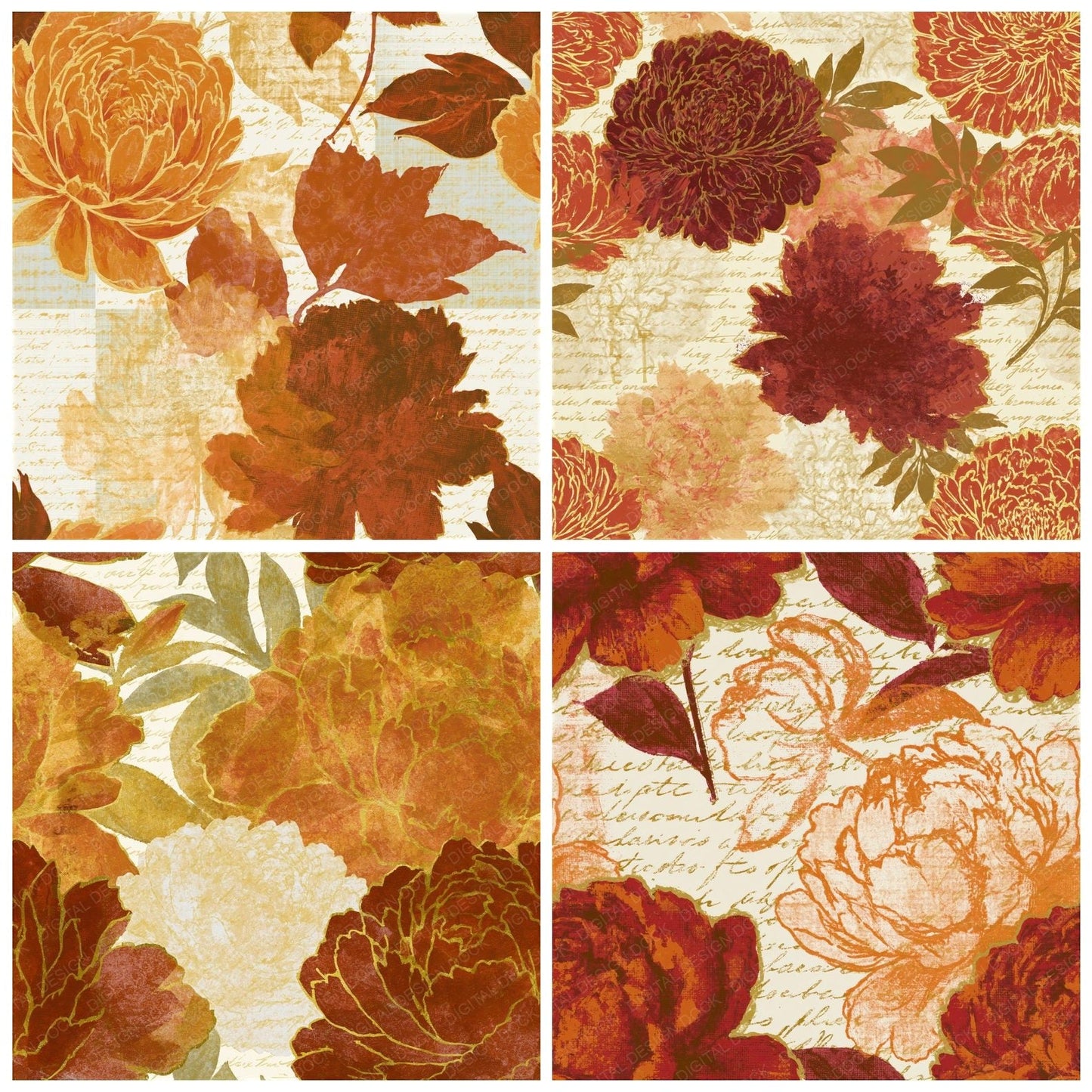 Screenprint Peonies Rust Ochre Seamless Digital Paper Pack (DDD014158)