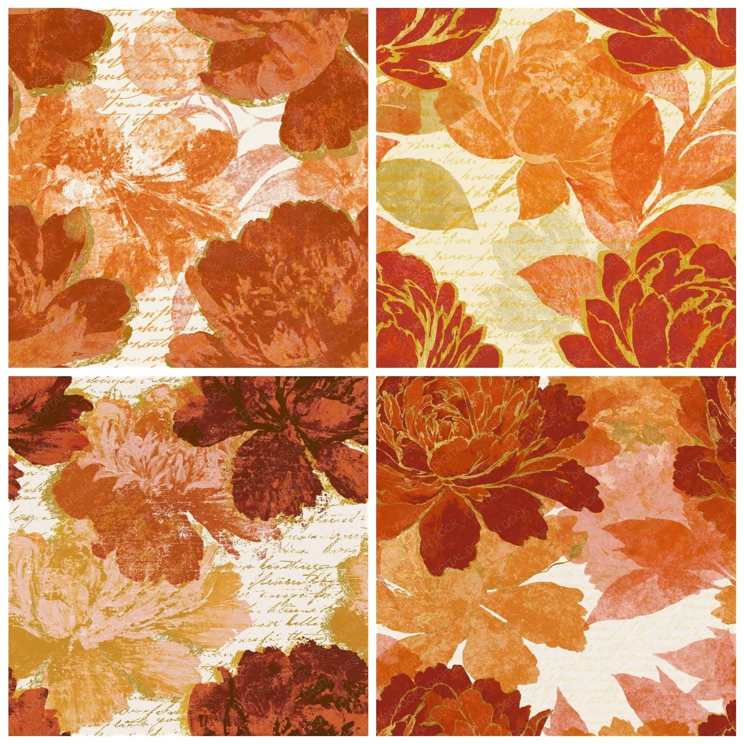 Screenprint Peonies Rust Ochre Seamless Digital Paper Pack (DDD014158)