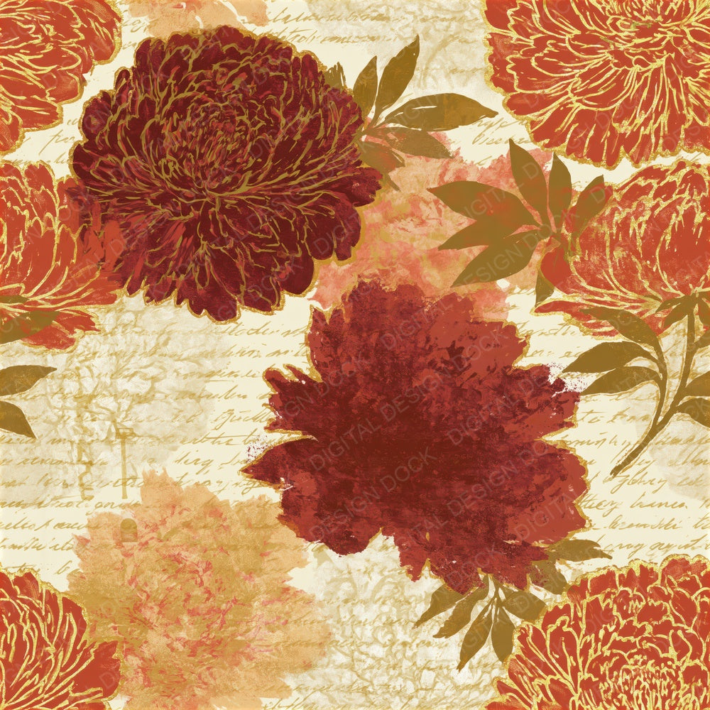 Screenprint Peonies Rust Ochre Seamless Digital Paper Pack (DDD014158)