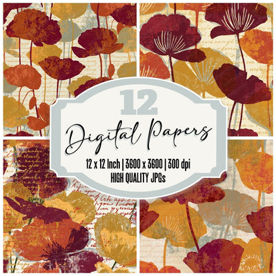 Screenprint Poppies Rust Maroon Digital Paper Pack (DDD014159)