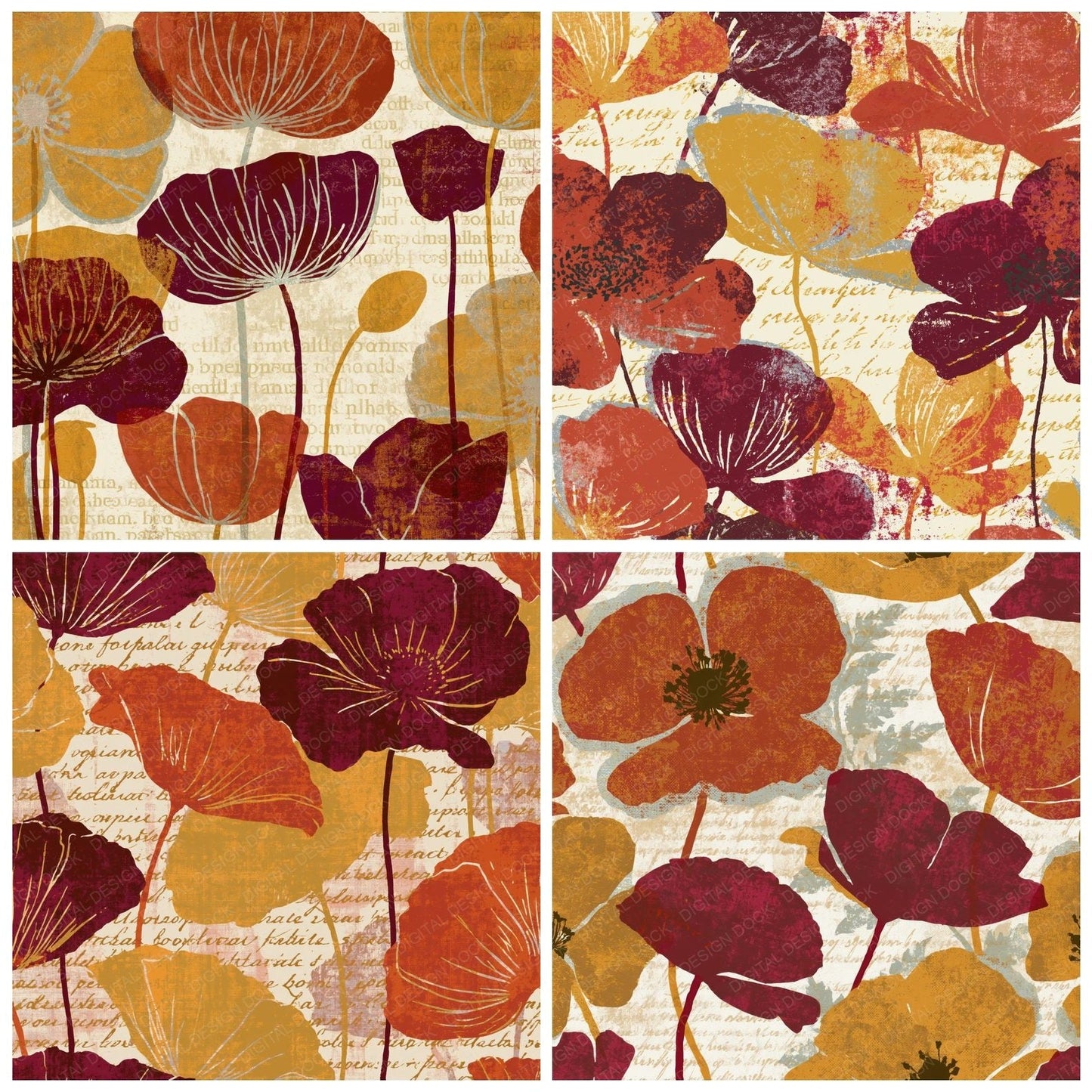 Screenprint Poppies Rust Maroon Digital Paper Pack (DDD014159)