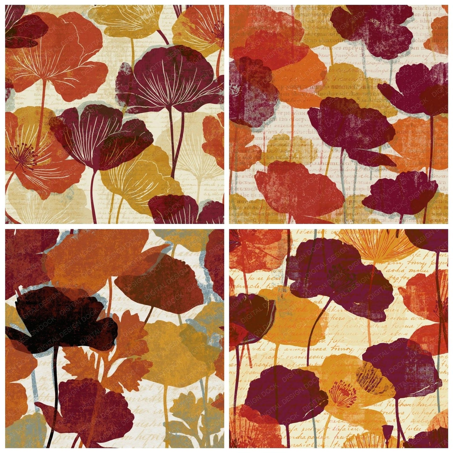 Screenprint Poppies Rust Maroon Digital Paper Pack (DDD014159)