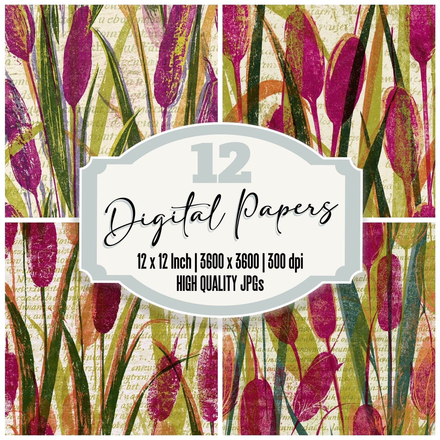 Woodblock Cattails Fuchsia Lime Digital Paper Pack (DDD014161)