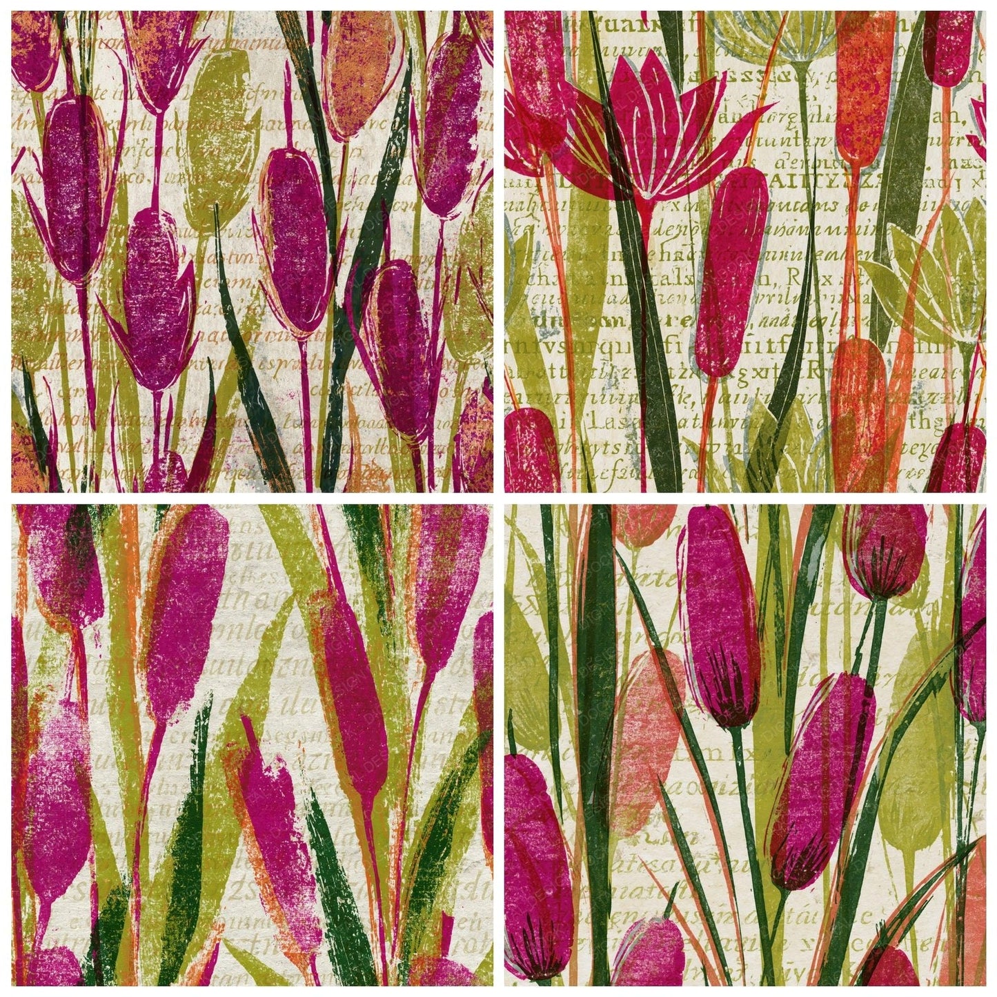 Woodblock Cattails Fuchsia Lime Digital Paper Pack (DDD014161)