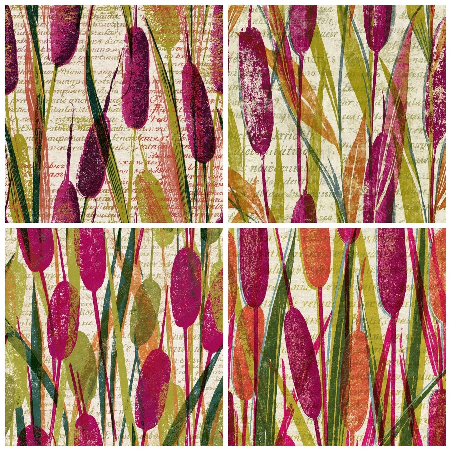 Woodblock Cattails Fuchsia Lime Digital Paper Pack (DDD014161)