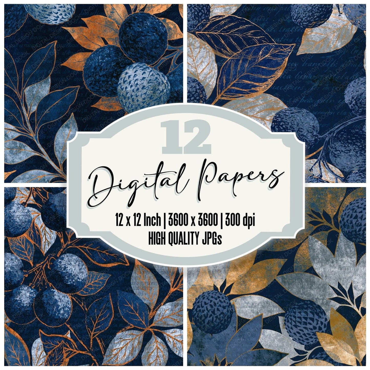 Woodblock Lychees Midnight Blue Silver Digital Paper Pack (DDD014162)