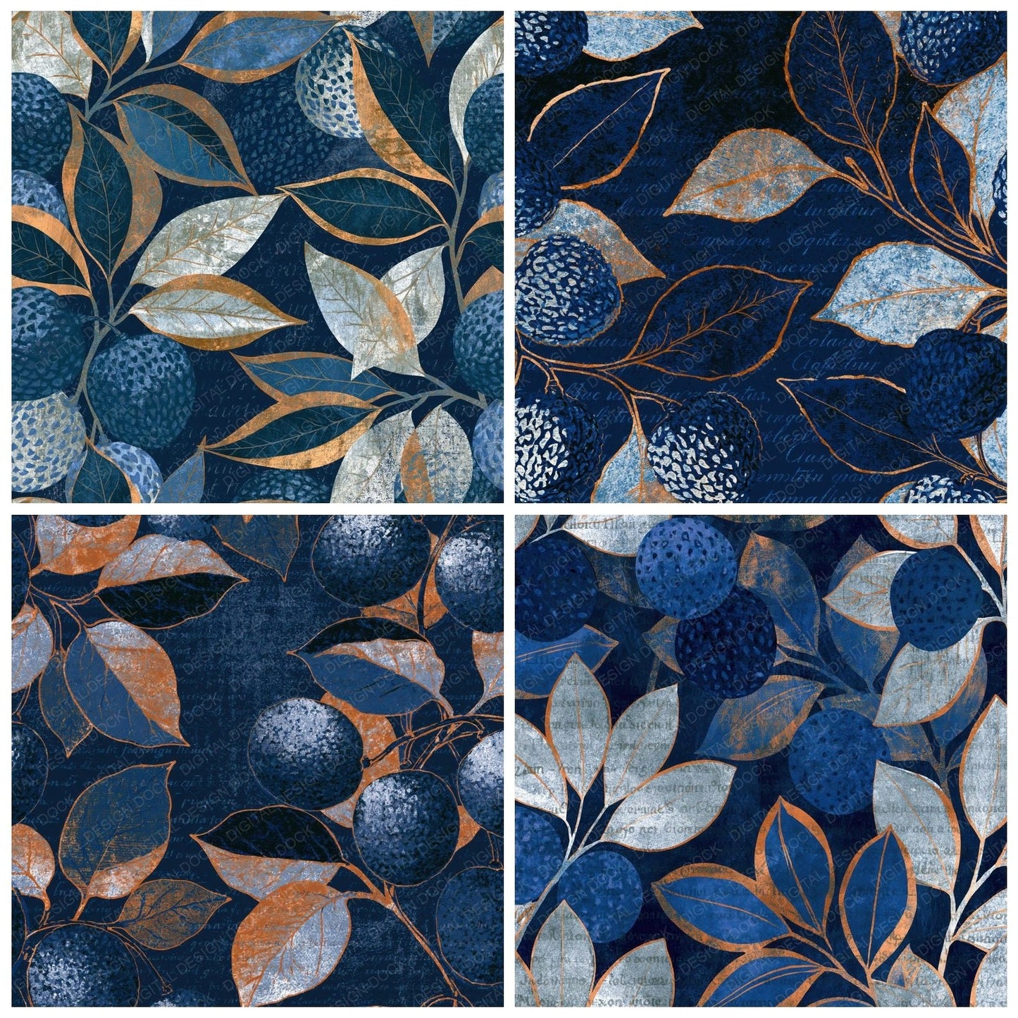 Woodblock Lychees Midnight Blue Silver Digital Paper Pack (DDD014162)