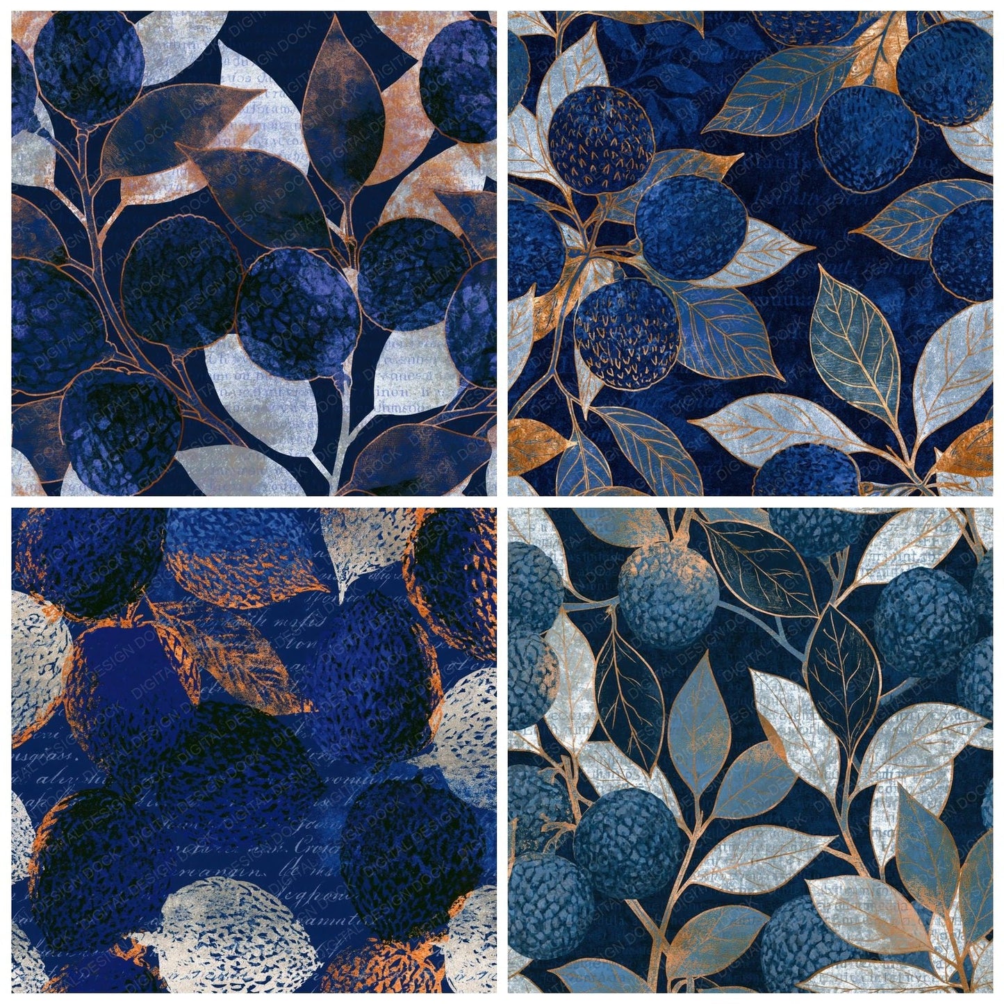 Woodblock Lychees Midnight Blue Silver Digital Paper Pack (DDD014162)