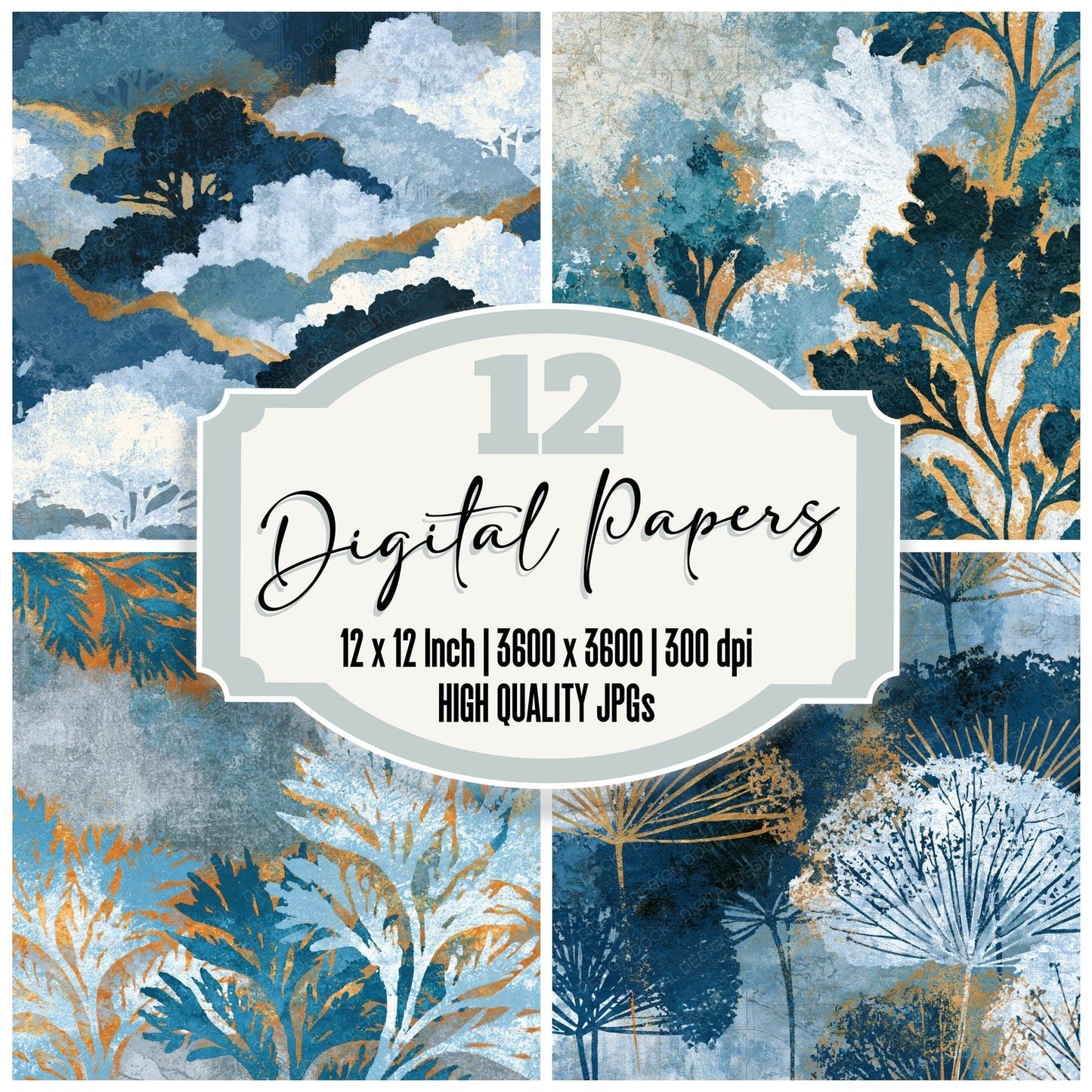 Woodblock Moss Blue Charcoal Digital Paper Pack (DDD014163)