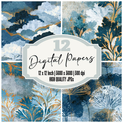 Woodblock Moss Blue Charcoal Digital Paper Pack (DDD014163)