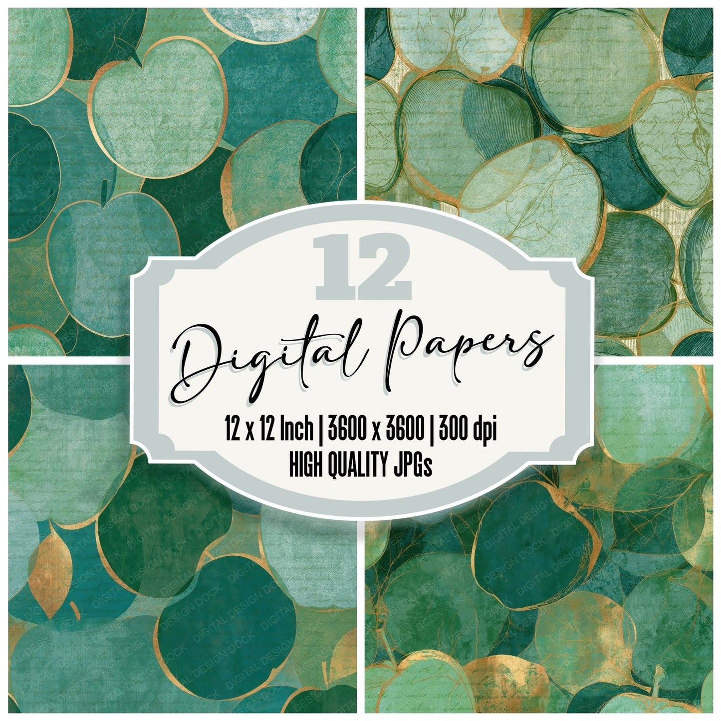 Etching Apples Mint Jade Emerald Digital Paper Pack (DDD014165)