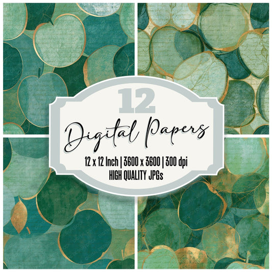 Etching Apples Mint Jade Emerald Digital Paper Pack (DDD014165)