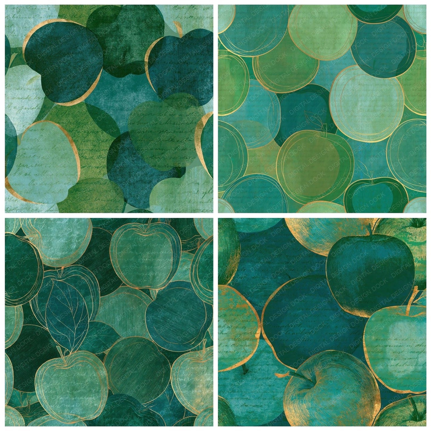 Etching Apples Mint Jade Emerald Digital Paper Pack (DDD014165)