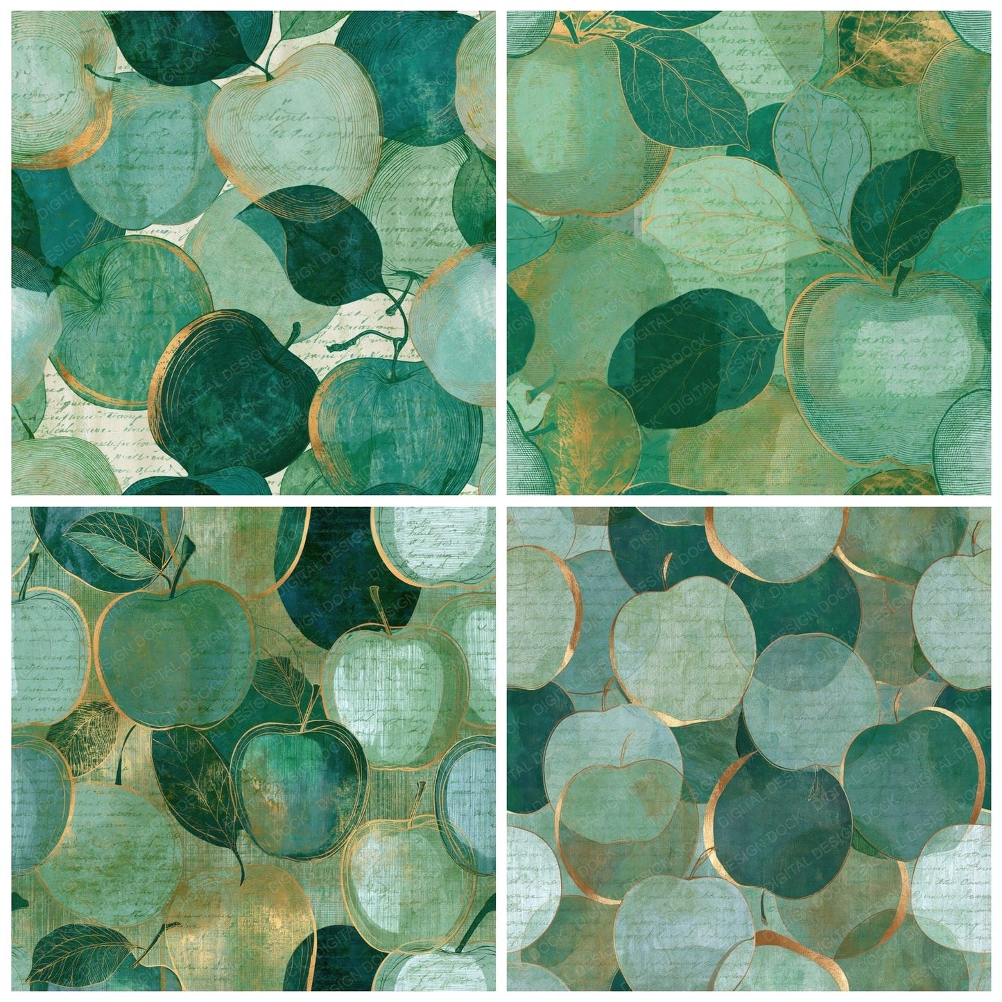 Etching Apples Mint Jade Emerald Digital Paper Pack (DDD014165)
