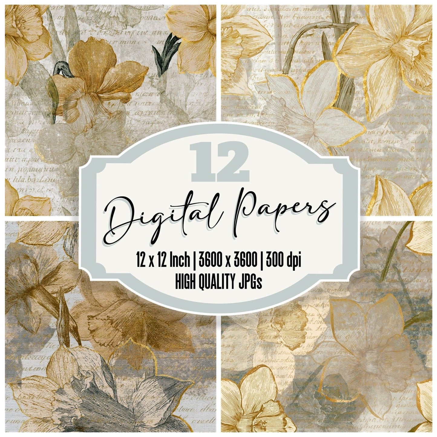 Etching Daffodils Oat Linen Seamless Digital Paper Pack (DDD014166)