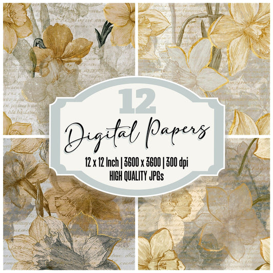 Etching Daffodils Oat Linen Seamless Digital Paper Pack (DDD014166)