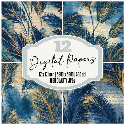 Etching Pampas Grass Denim Navy Seamless Digital Paper Pack (DDD014168)