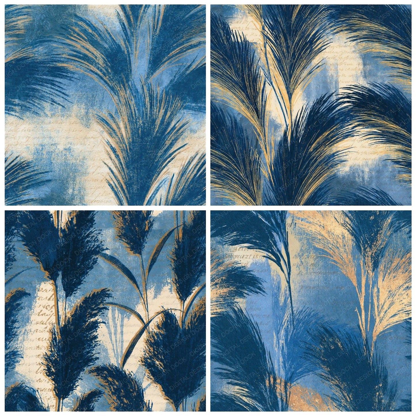 Etching Pampas Grass Denim Navy Seamless Digital Paper Pack (DDD014168)