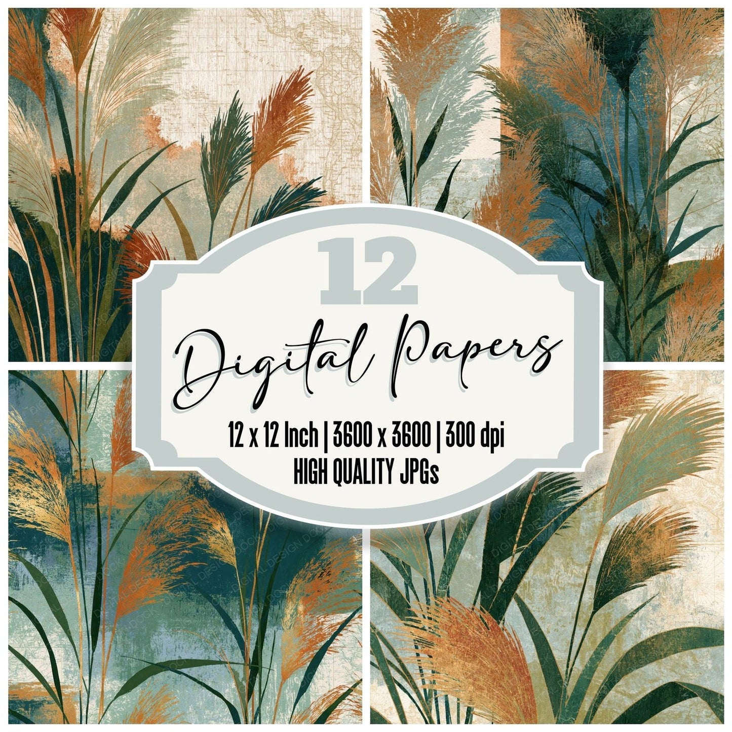 Etching Pampas Grass Sage Forest Digital Paper Pack (DDD014169)