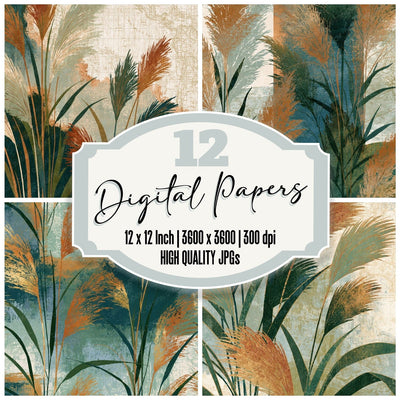 Etching Pampas Grass Sage Forest Digital Paper Pack (DDD014169)